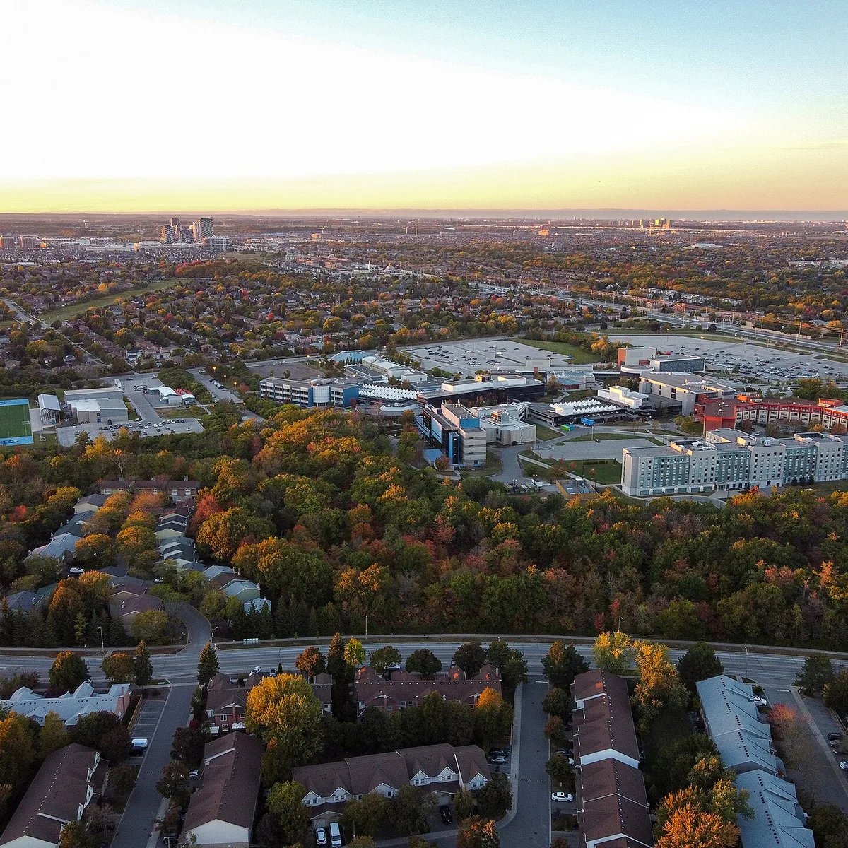 Aerial view of Sheridan College Trafalgar Campus in College Park, Oakville