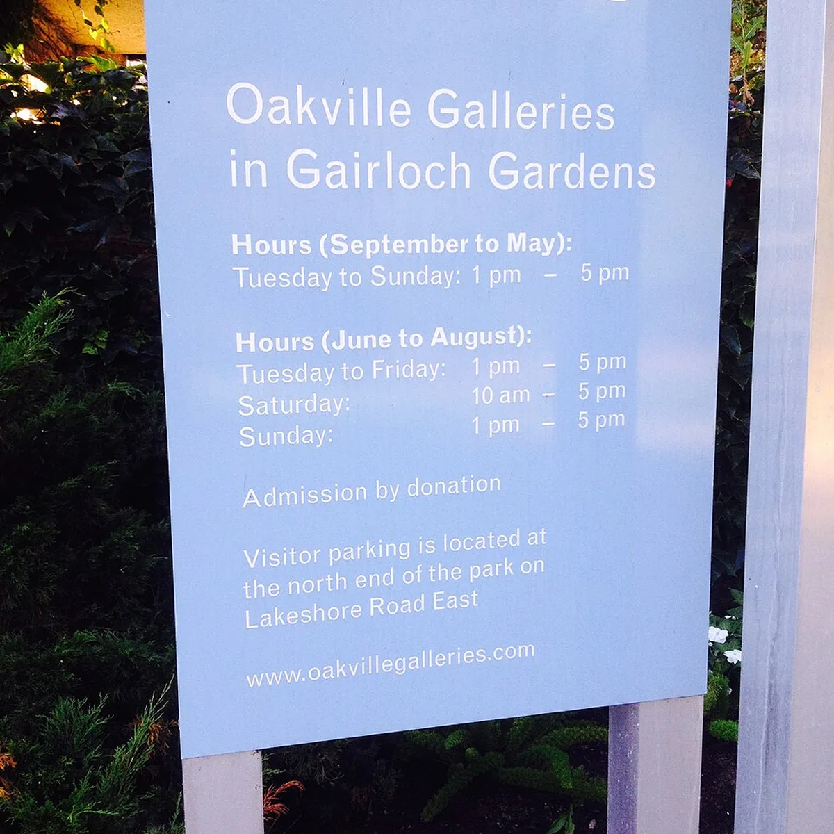 Oakville Galleries sign at Gairloch Gardens in Morrison, Oakville