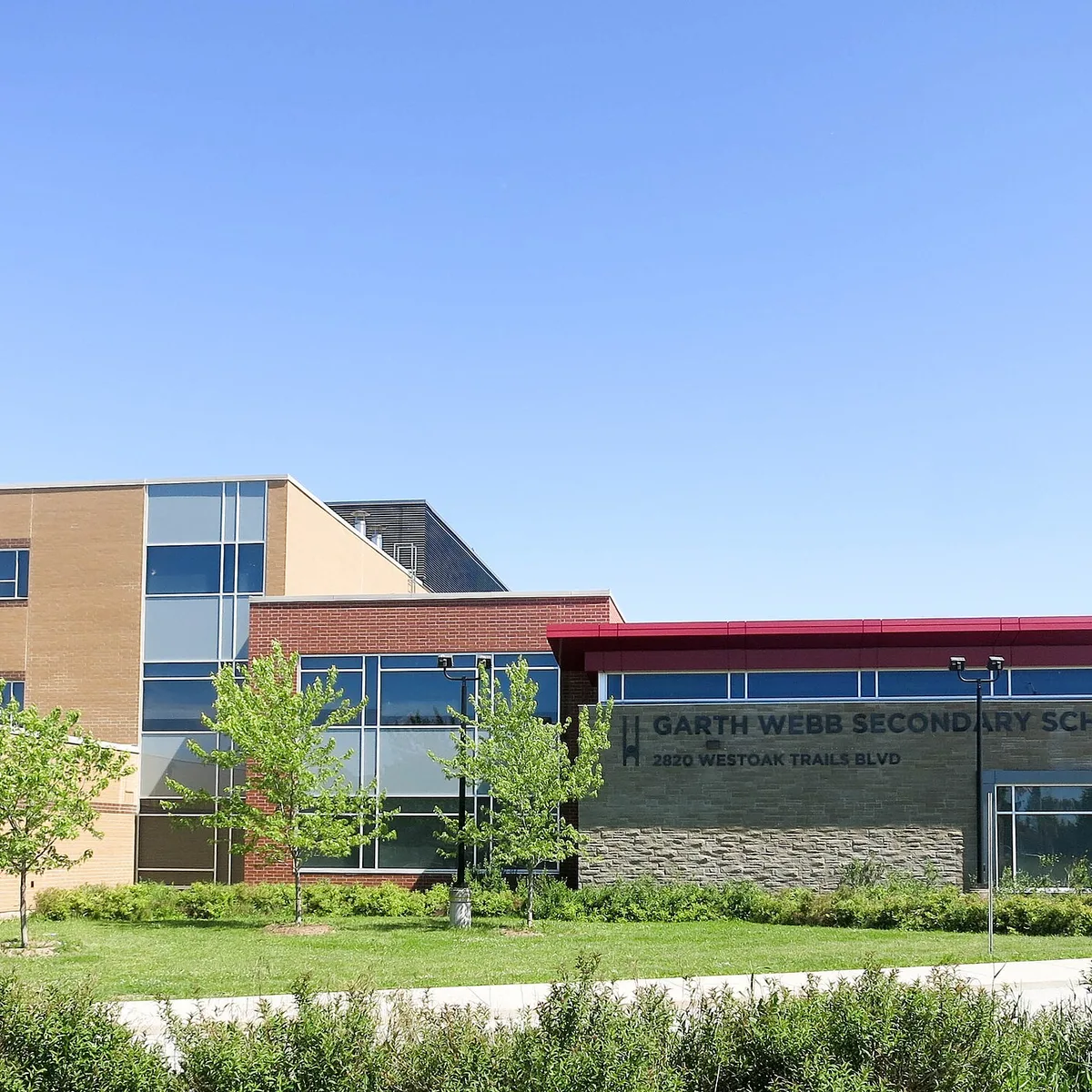 Exterior of Garth Webb Secondary School in the West Oak Trails community